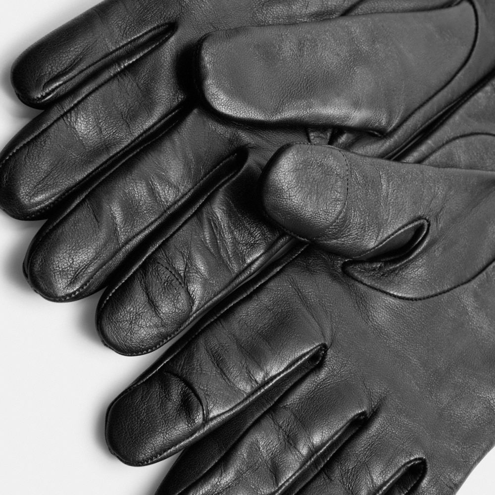 COACH®,Horse And Carriage Leather Tech Gloves,Leather,Wool,Classic Gloves,Tech Touch,Casual,Black,Closer View