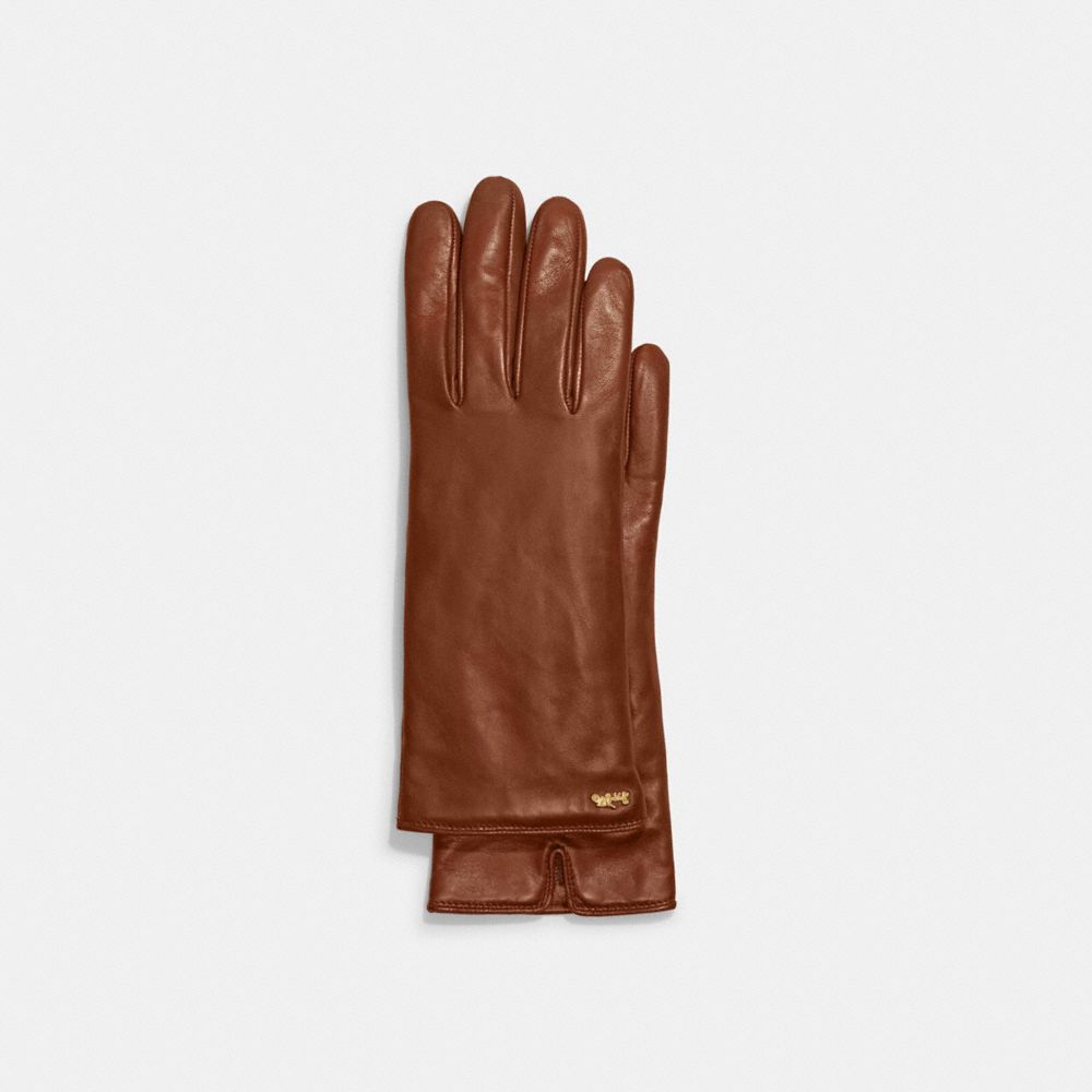 COACH®,HORSE AND CARRIAGE LEATHER TECH GLOVES,Saddle,Front View