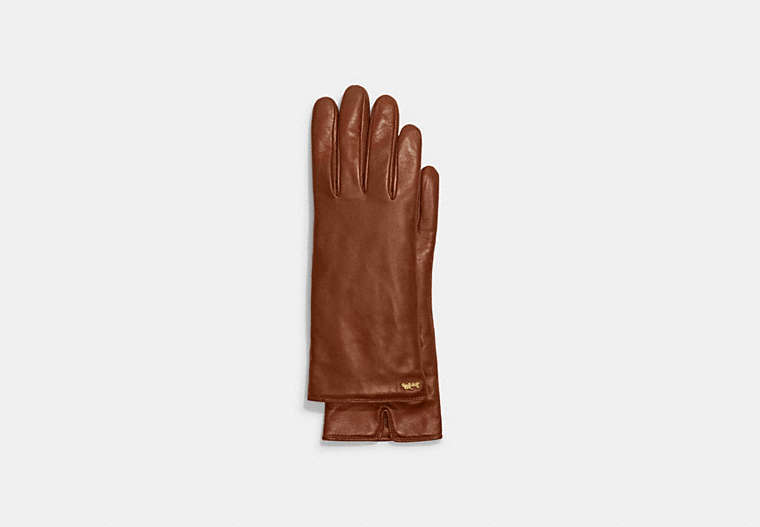 COACH®,HORSE AND CARRIAGE LEATHER TECH GLOVES,Leather,Saddle,Front View