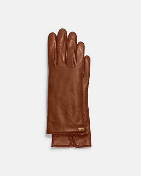 COACH®,HORSE AND CARRIAGE LEATHER TECH GLOVES,Saddle,Front View