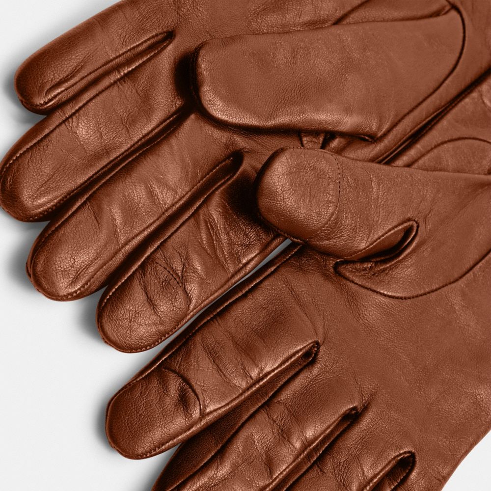 COACH®,HORSE AND CARRIAGE LEATHER TECH GLOVES,Saddle,Closer View