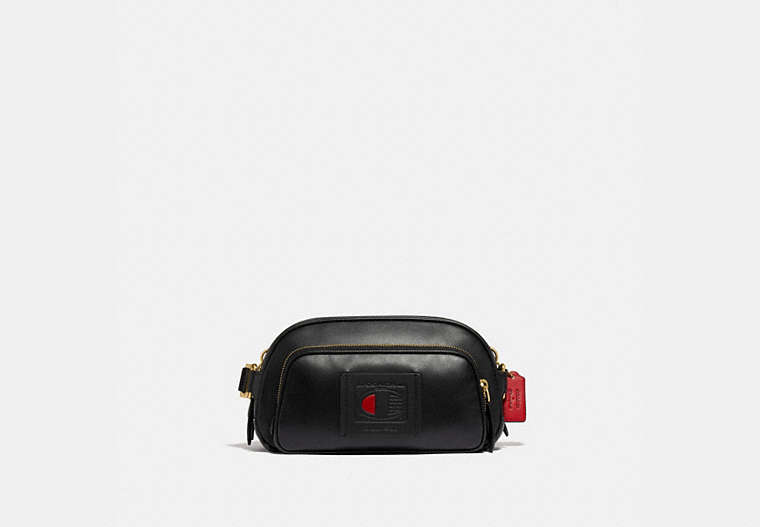 COACH®,COACH X CHAMPION BELT BAG,Smooth Leather,Small,Brass/Black,Front View image number 0