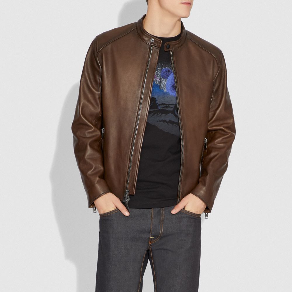 COACH®,LEATHER RACER JACKET,Smooth Leather,Dark Saddle,Scale View