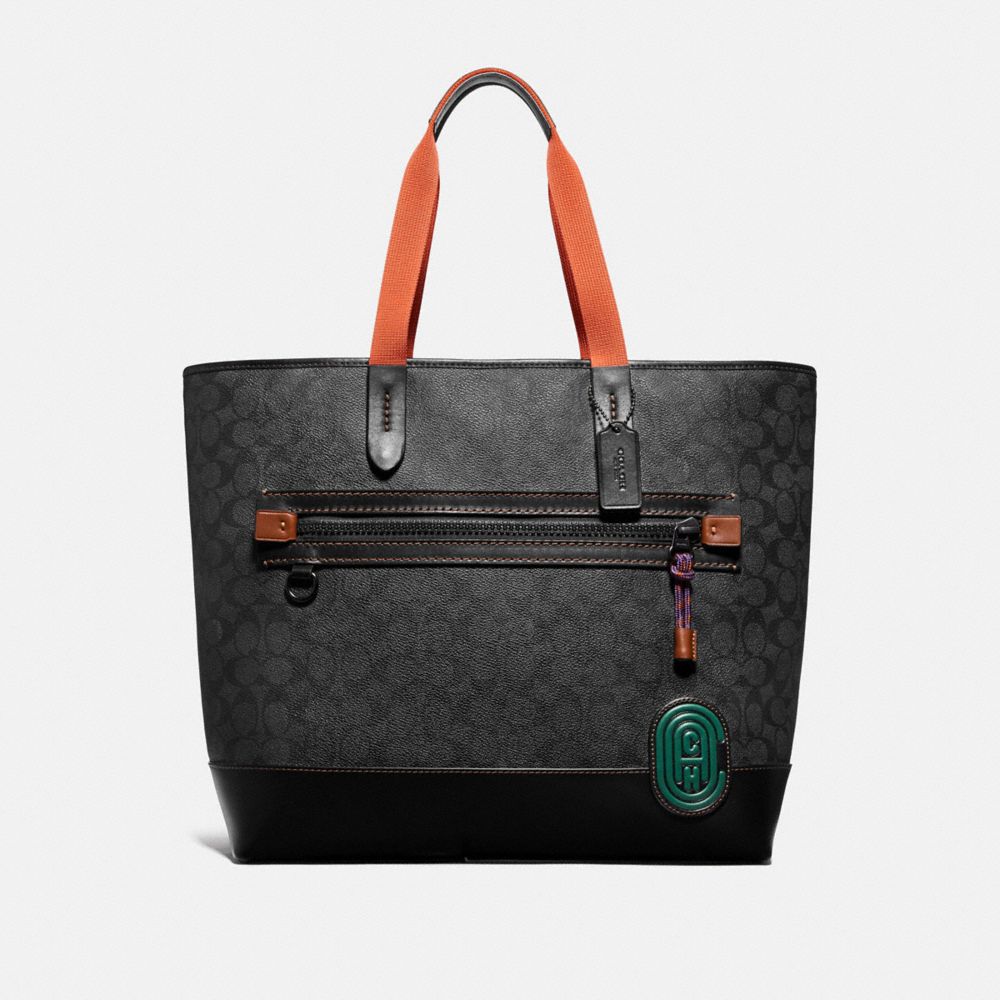 COACH®,ACADEMY TOTE IN SIGNATURE CANVAS WITH COACH PATCH,Coated Canvas,Large,Black Copper/Charcoal,Front View image number 0