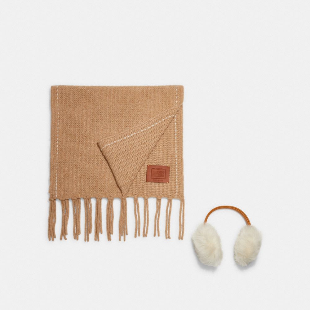COACH®,Shearling Earmuffs & Chunky Oversized Muffler,