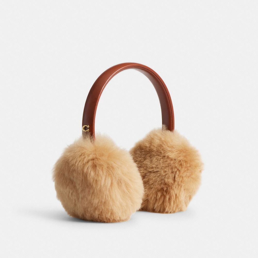 COACH®,Shearling Earmuffs,Shearling,Ear Muffs,Logo,Metal,Fur Embellishment,Casual,Beige,Front View