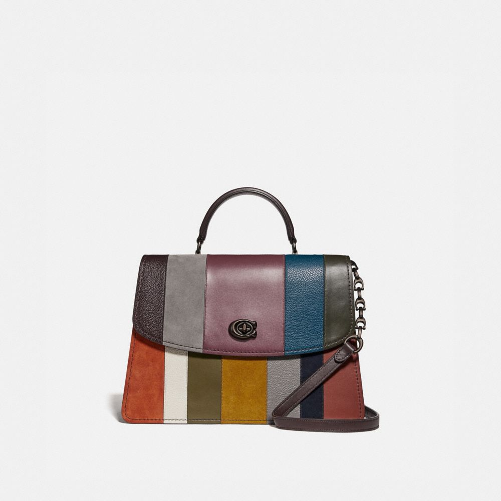 COACH®,PARKER TOP HANDLE 32 WITH PATCHWORK STRIPES,Leather,Large,Oxblood Multi/Pewter,Front View image number 0