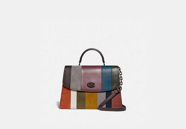 COACH®,PARKER TOP HANDLE 32 WITH PATCHWORK STRIPES,Leather,Large,Oxblood Multi/Pewter,Front View