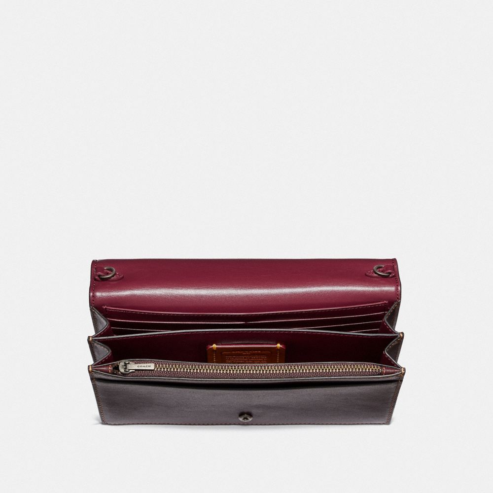 COACH®,CALLIE FOLDOVER CHAIN CLUTCH IN SIGNATURE CANVAS WITH REXY BY YETI OUT,pvc,Mini,Pewter/Tan Oxblood,Inside View,Top View