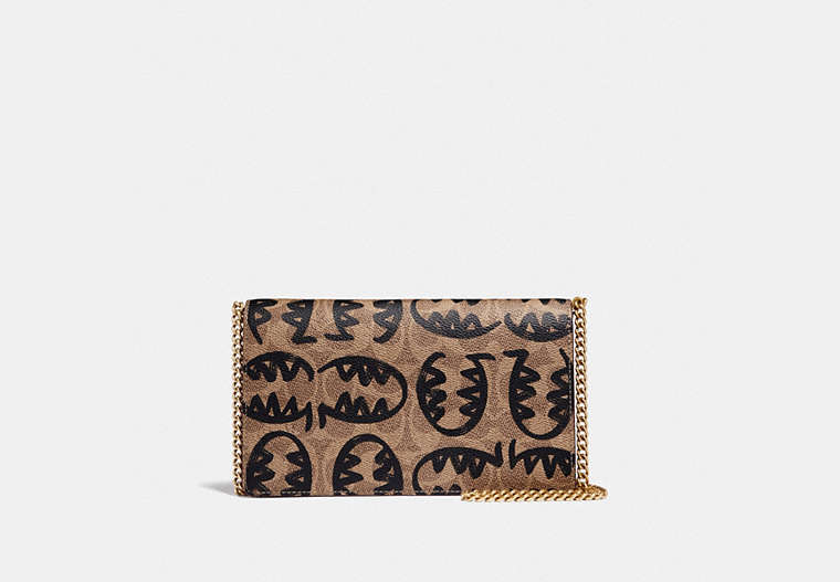 COACH®,CALLIE FOLDOVER CHAIN CLUTCH IN SIGNATURE CANVAS WITH REXY BY GUANG YU,pvc,Mini,Brass/Tan/Rust,Front View image number 0