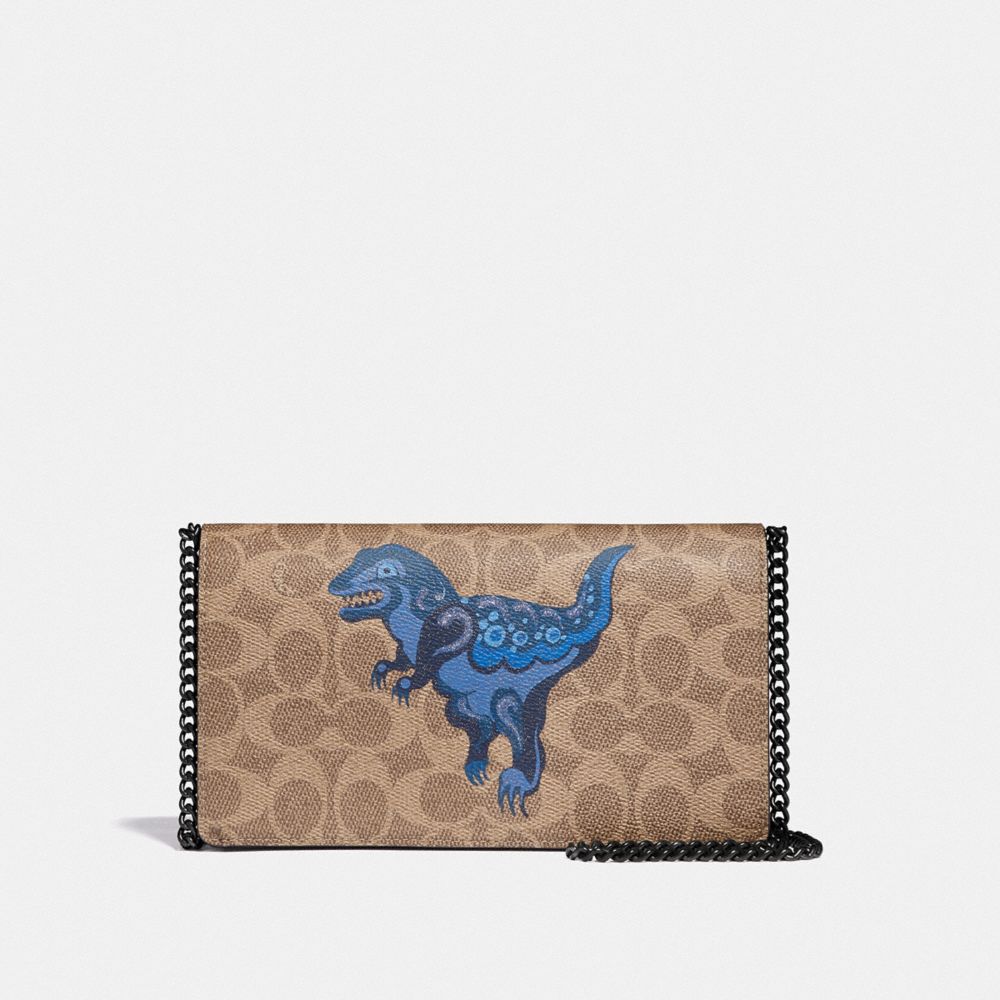 COACH®,CALLIE FOLDOVER CHAIN CLUTCH IN SIGNATURE CANVAS WITH REXY BY ZHU JINGYI,Coated Canvas,Mini,Tan/Dusty Lavender/Pewter,Front View image number 0