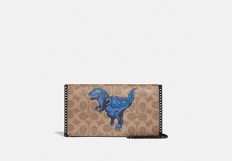 COACH®,CALLIE FOLDOVER CHAIN CLUTCH IN SIGNATURE CANVAS WITH REXY BY ZHU JINGYI,Coated Canvas,Mini,Tan/Dusty Lavender/Pewter,Front View