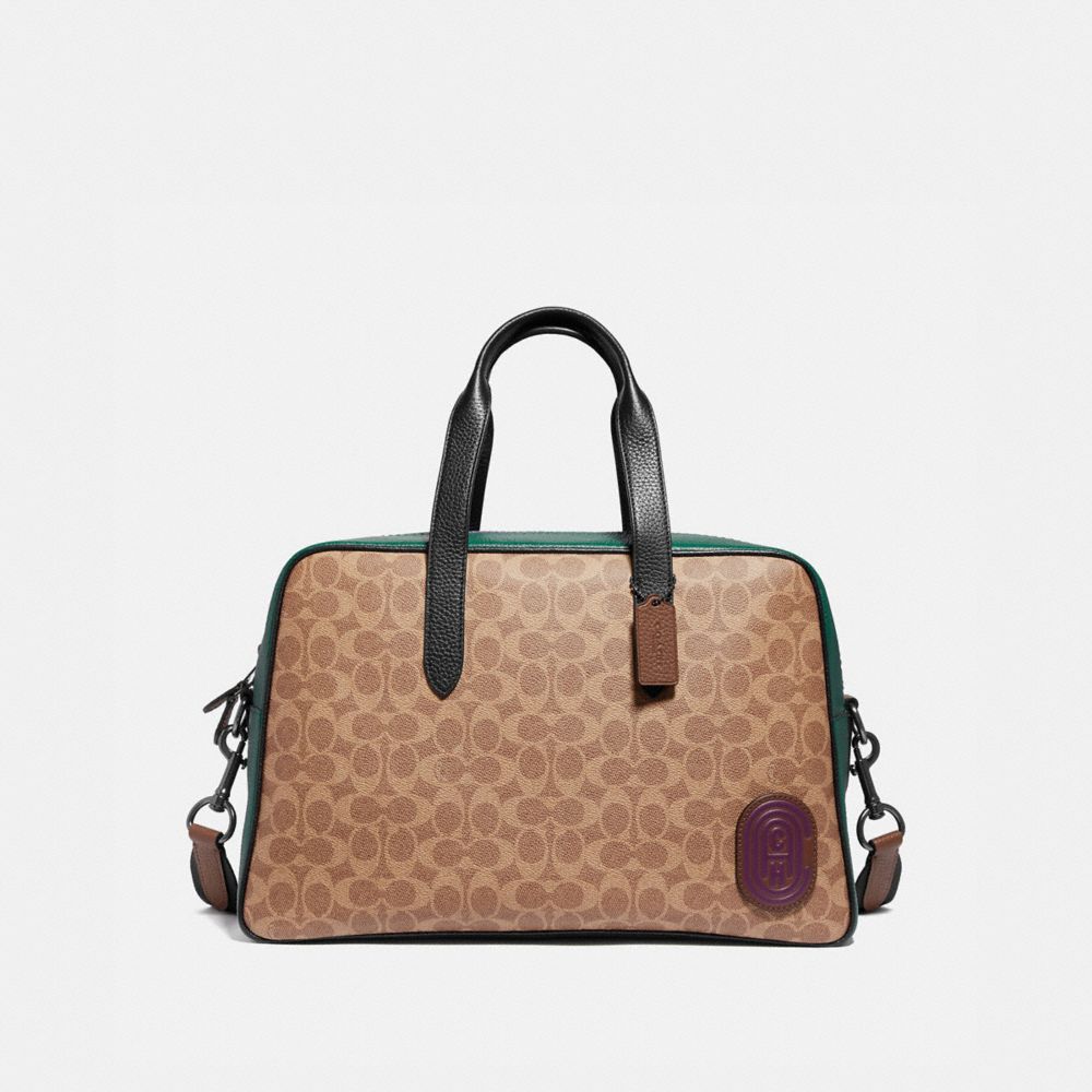 COACH®,METROPOLITAN SOFT CARRYALL IN SIGNATURE CANVAS WITH COACH PATCH,Coated Canvas,Black Copper/Khaki,Front View image number 0