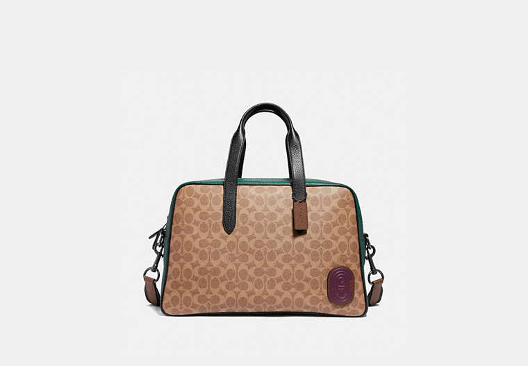 COACH®,METROPOLITAN SOFT CARRYALL IN SIGNATURE CANVAS WITH COACH PATCH,Coated Canvas,Black Copper/Khaki,Front View