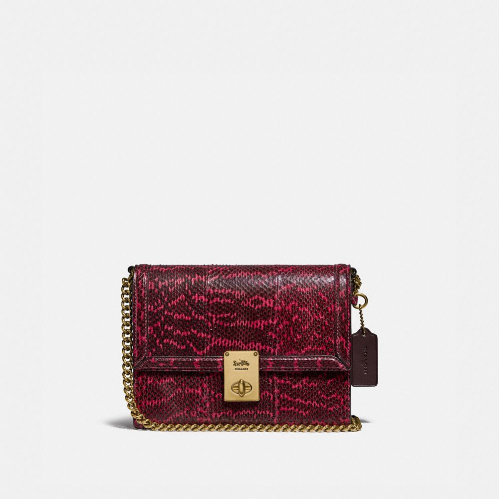 COACH®,HUTTON SHOULDER BAG IN SNAKESKIN,Leather,Small,Brass/Cerise,Front View