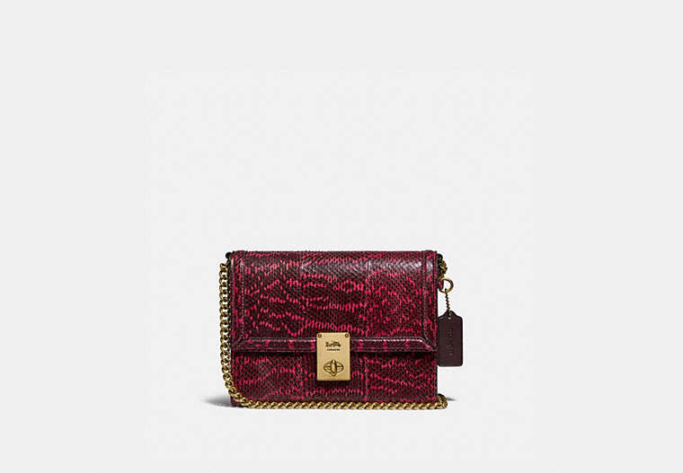 COACH®,HUTTON SHOULDER BAG IN SNAKESKIN,Leather,Small,Brass/Cerise,Front View