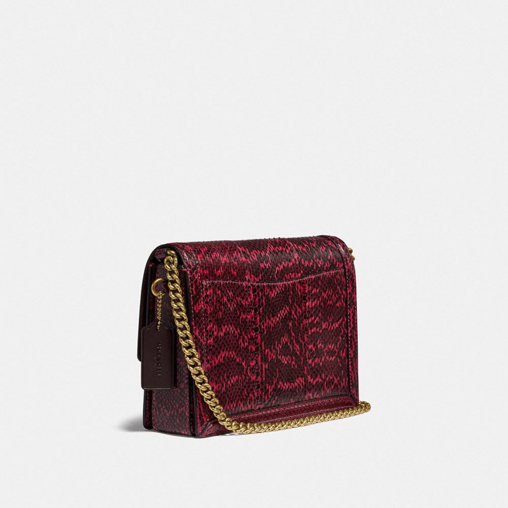 COACH®,HUTTON SHOULDER BAG IN SNAKESKIN,Leather,Small,Brass/Cerise,Angle View