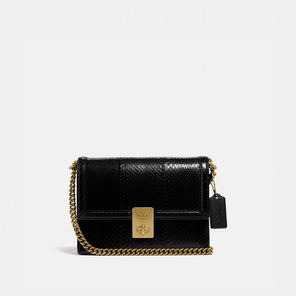 COACH®,HUTTON SHOULDER BAG IN SNAKESKIN,Leather,Small,Brass/Black,Front View