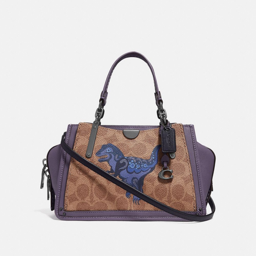 COACH®,DREAMER 21 IN SIGNATURE CANVAS WITH REXY BY ZHU JINGYI,Coated Canvas,Small,Tan/Dusty Lavender/Pewter,Front View