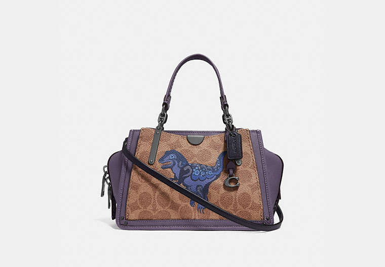 COACH®,DREAMER 21 IN SIGNATURE CANVAS WITH REXY BY ZHU JINGYI,Coated Canvas,Small,Tan/Dusty Lavender/Pewter,Front View