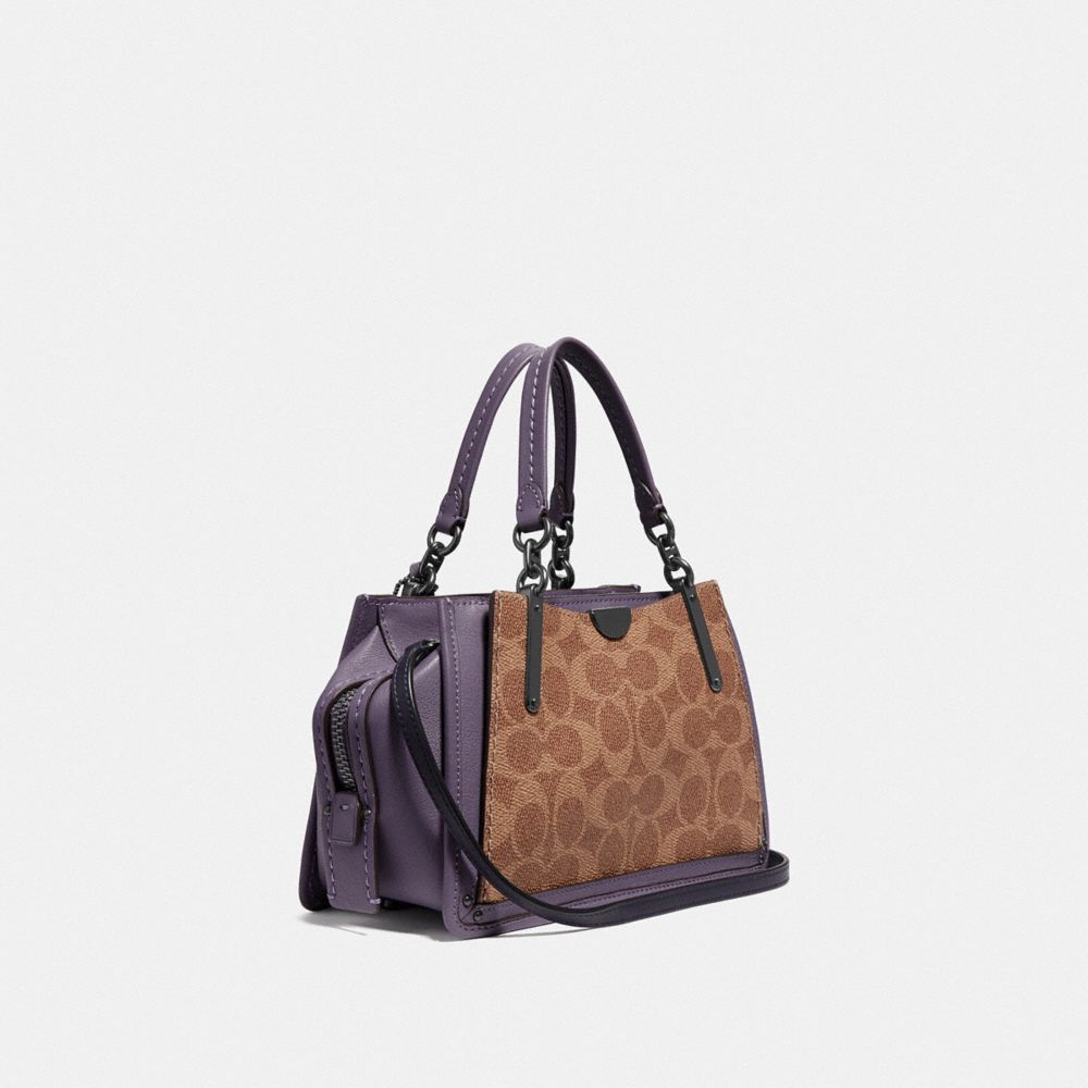 COACH®,DREAMER 21 IN SIGNATURE CANVAS WITH REXY BY ZHU JINGYI,Coated Canvas,Small,Tan/Dusty Lavender/Pewter,Angle View