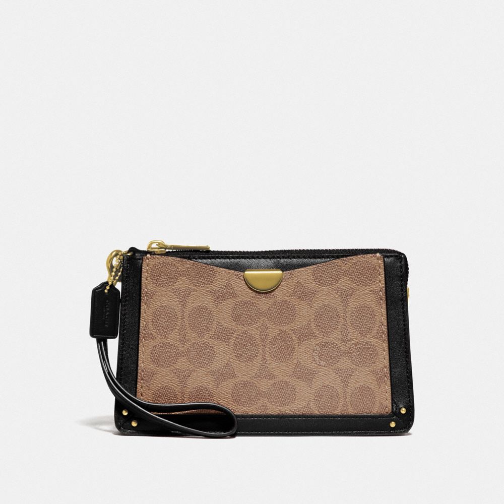 COACH®,DREAMER WRISTLET IN SIGNATURE CANVAS,Coated Canvas,Brass/Tan Black,Front View