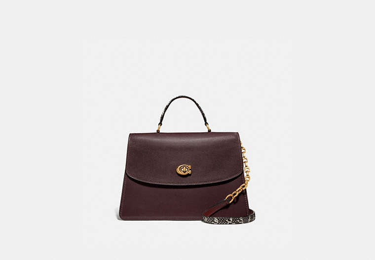 COACH®,PARKER TOP HANDLE 32 IN COLORBLOCK WITH SNAKESKIN DETAIL,Leather,Medium,Brass/Oxblood Multi,Front View