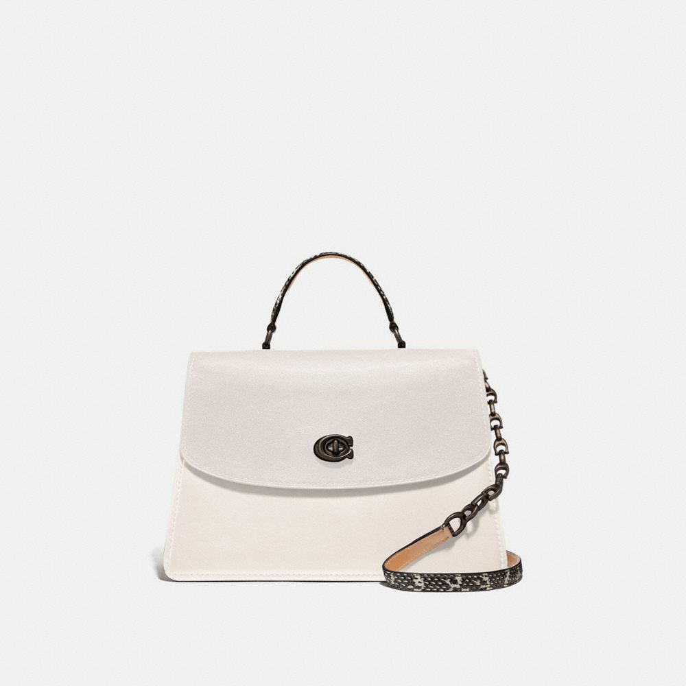 COACH®,PARKER TOP HANDLE 32 IN COLORBLOCK WITH SNAKESKIN DETAIL,Leather,Medium,Pewter/Chalk Multi,Front View