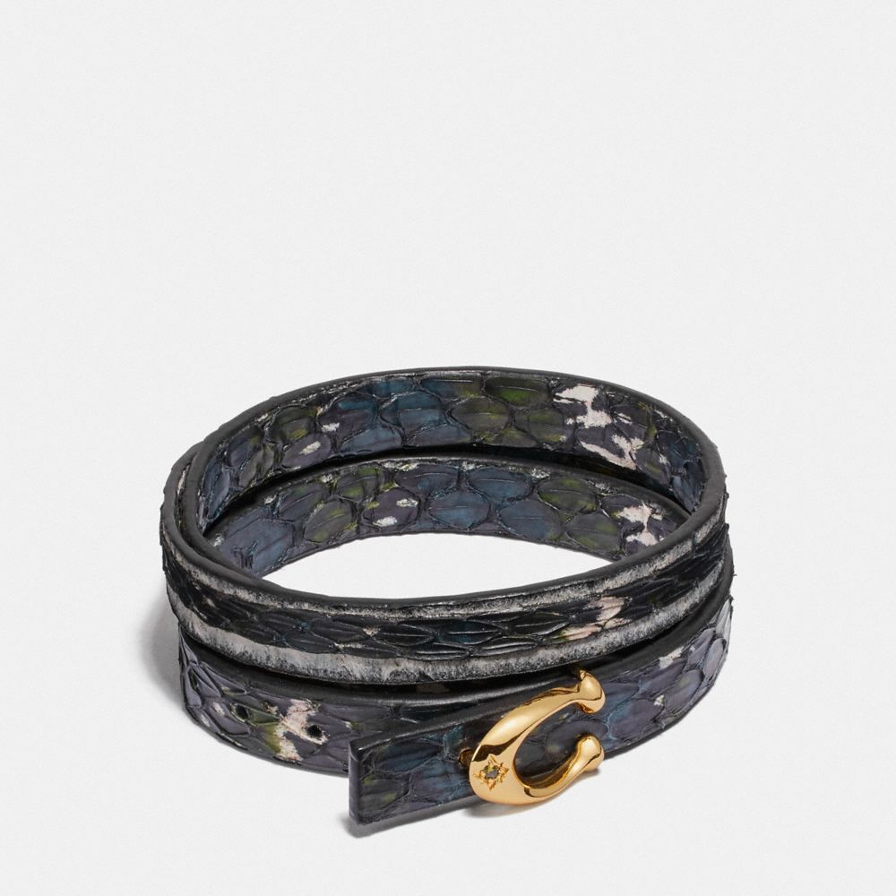 COACH®,SIGNATURE BRACELET IN SNAKESKIN,Leather/Exotic,GD/Black Multi,Front View image number 0