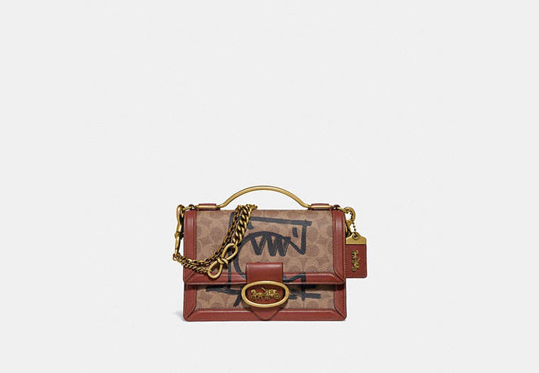 COACH®,RILEY TOP HANDLE 22 IN SIGNATURE CANVAS WITH REXY BY GUANG YU,Coated Canvas,Small,Brass/Tan/Rust,Front View