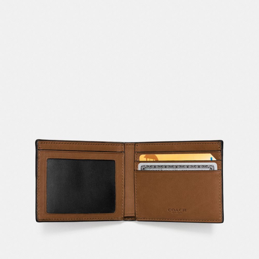 COACH®,SLIM BILLFOLD ID WALLET,Smooth Leather,Dark Saddle,Inside View,Top View