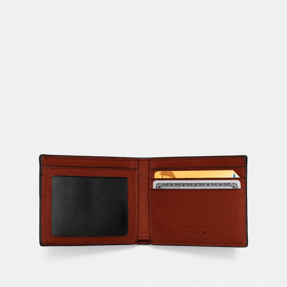 COACH®,SLIM BILLFOLD ID WALLET,Smooth Leather,RUST,Inside View,Top View