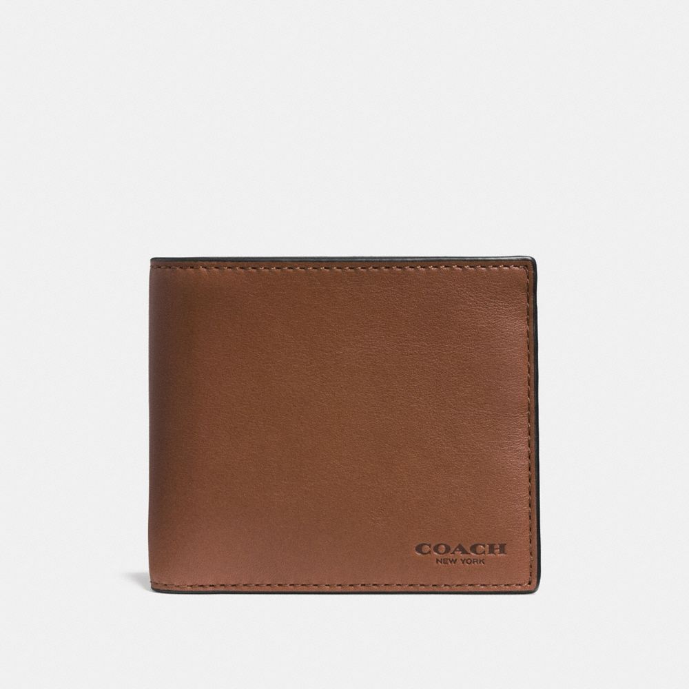 COACH®,DOUBLE BILLFOLD WALLET IN SPORT CALF LEATHER,Leather,Dark Saddle,Front View image number 0