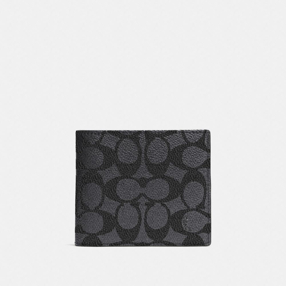 COACH®,COMPACT ID WALLET IN SIGNATURE CANVAS,Coated Canvas,Charcoal,Front View image number 0