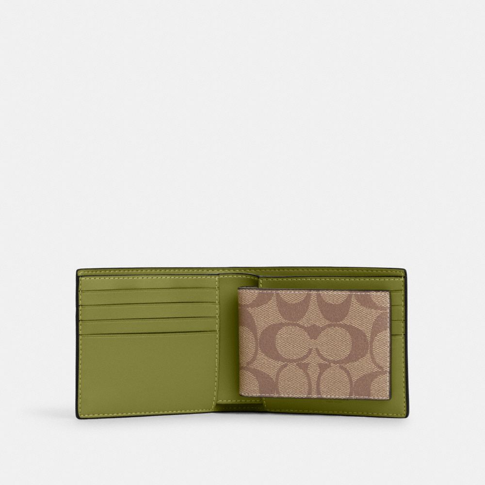 COACH®,3-IN-1 WALLET IN SIGNATURE CANVAS,Signature Canvas,Mini,Black Antique Nickel/Yellow Green/Khaki,Inside View,Top View