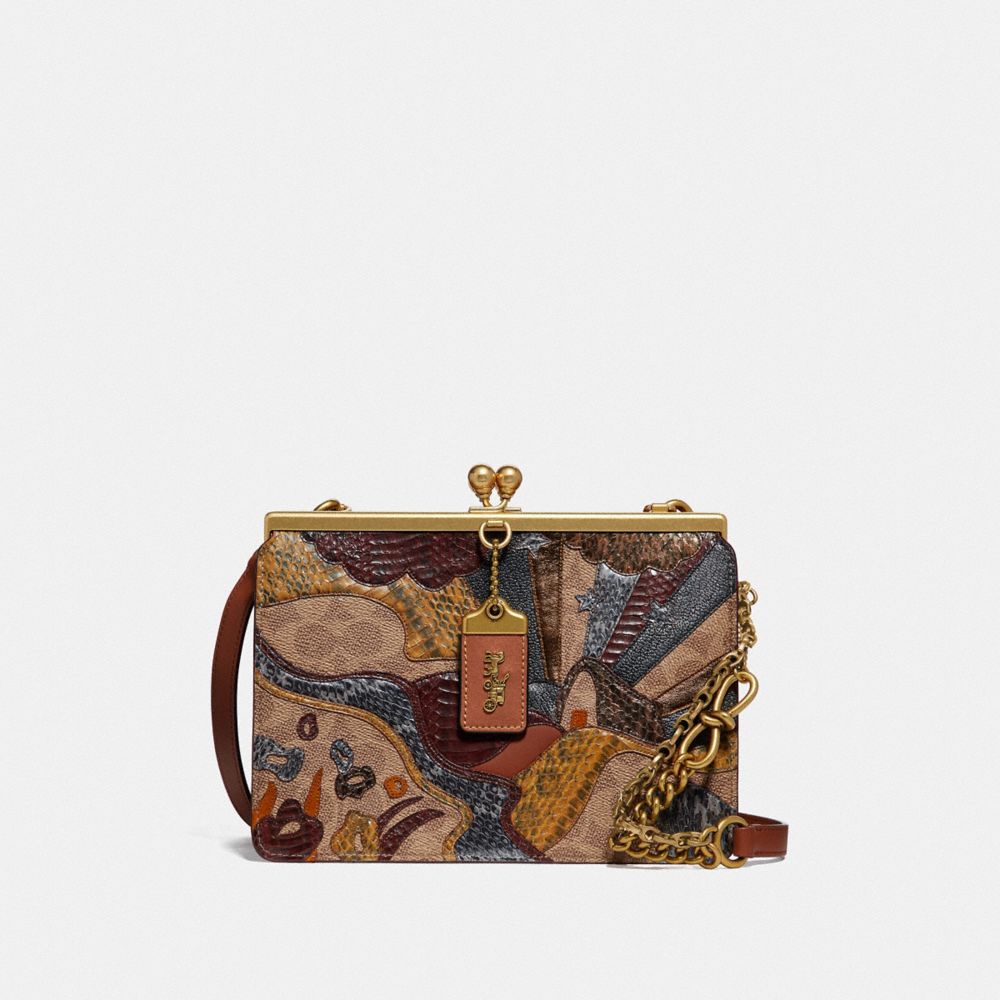 COACH®,DOUBLE FRAME BAG IN SIGNATURE CANVAS WITH STARSCAPE PATCHWORK AND SNAKESKIN DETAIL,Coated Canvas,Medium,Brass/1941 Saddle,Front View