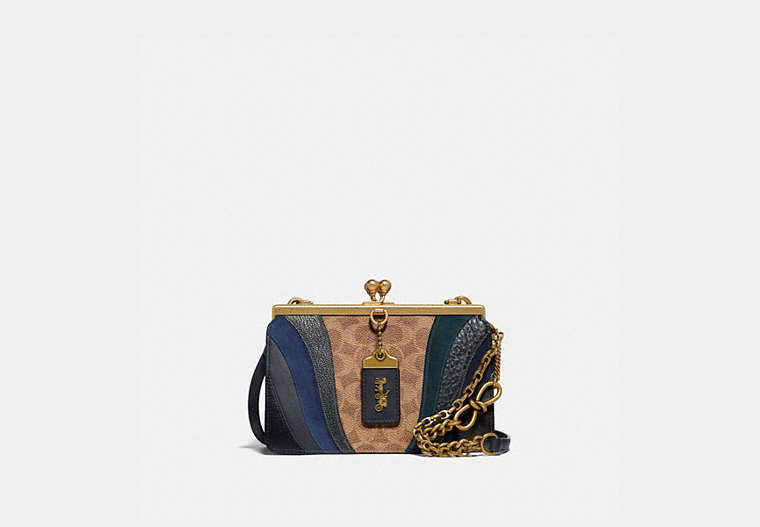 COACH®,DOUBLE FRAME BAG 19 IN SIGNATURE CANVAS WITH WAVE PATCHWORK,Coated Canvas,Small,Brass/Tan Midnight Navy,Front View