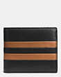 COACH®,MODERN VARSITY STRIPE COMPACT ID WALLET IN SPORT CALF LEATHER,Leather,Black/Saddle,Front View