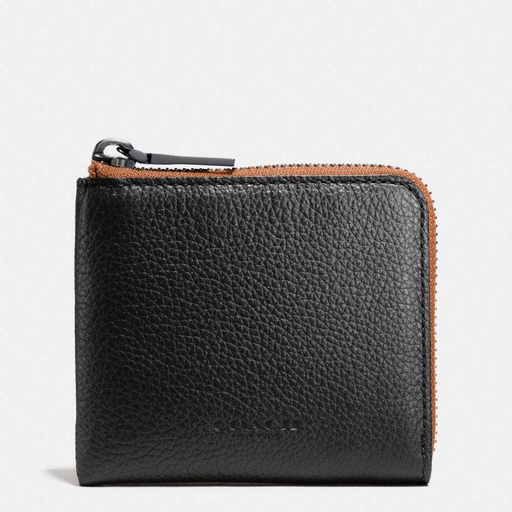 COACH®,HALF ZIP WALLET IN PEBBLE LEATHER,Leather,Black/Saddle,Front View