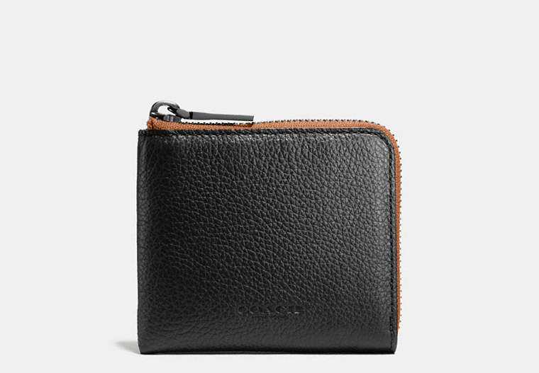COACH®,HALF ZIP WALLET IN PEBBLE LEATHER,Leather,Black/Saddle,Front View