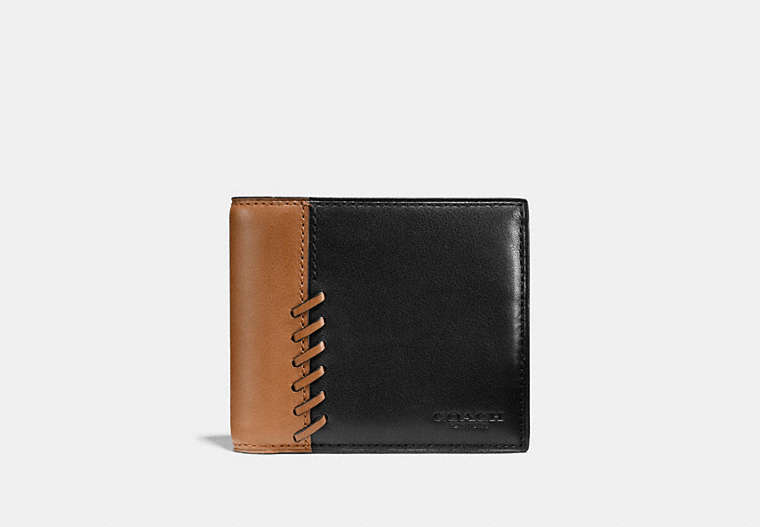 COACH®,RIP AND REPAIR COMPACT ID WALLET,Sport calf leather,Black/Saddle,Front View