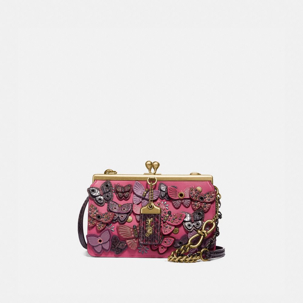 COACH®,DOUBLE FRAME BAG 19 WITH BUTTERFLY APPLIQUE AND SNAKESKIN DETAIL,Coated Canvas,Small,Brass/Bright Cherry,Front View