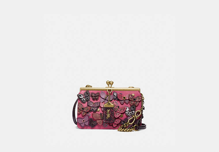 COACH®,DOUBLE FRAME BAG 19 WITH BUTTERFLY APPLIQUE AND SNAKESKIN DETAIL,Coated Canvas,Small,Brass/Bright Cherry,Front View