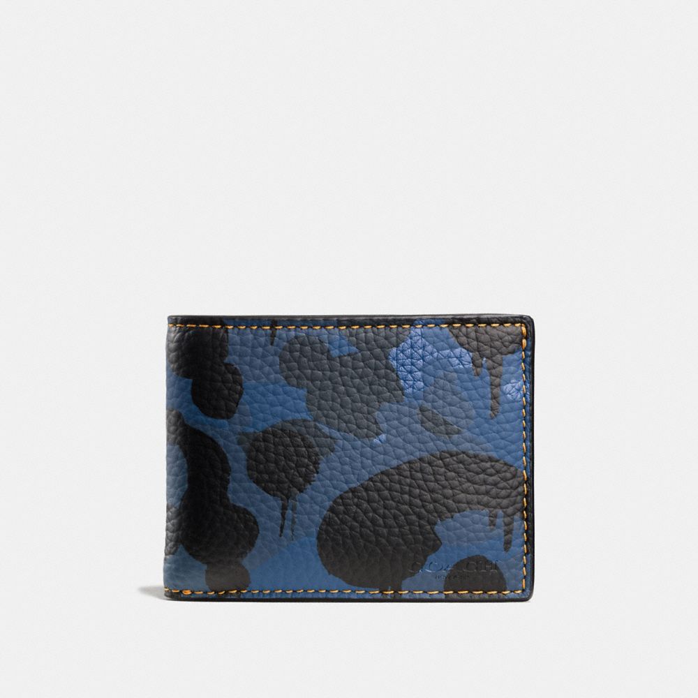 COACH®,SLIM BILLFOLD WALLET WITH CAMO PRINT,Printed Pebble Leather,Denim Wild Beast/Yellow,Front View