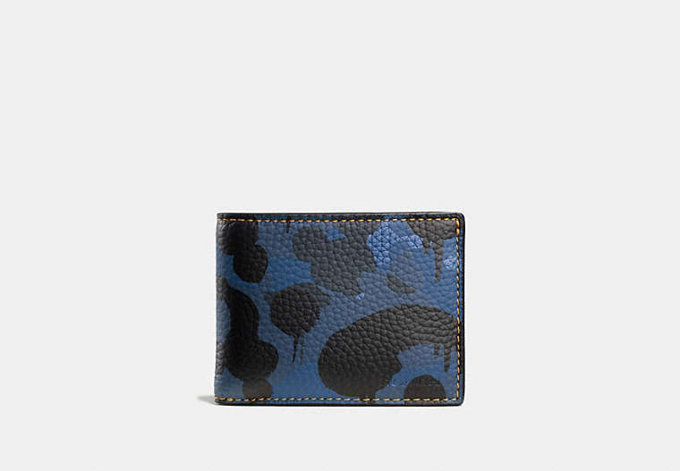 COACH®,SLIM BILLFOLD WALLET WITH CAMO PRINT,Printed Pebble Leather,Denim Wild Beast/Yellow,Front View