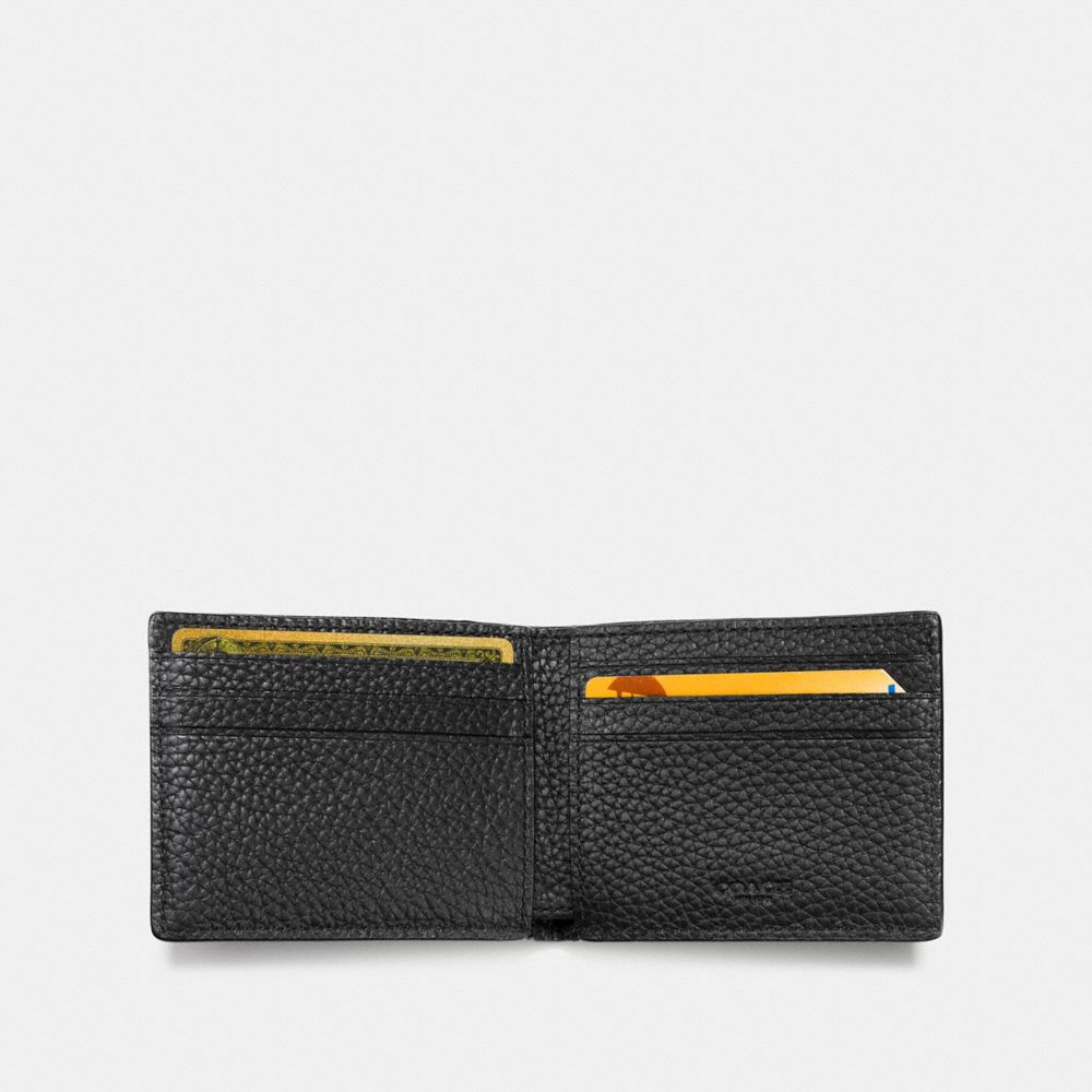 COACH®,SLIM BILLFOLD WALLET WITH CAMO PRINT,Printed Pebble Leather,Denim Wild Beast/Yellow,Inside View,Top View