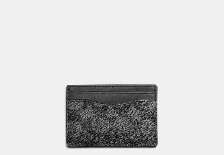 COACH®,CARD CASE IN SIGNATURE COATED CANVAS,Logo,Charcoal,Front View