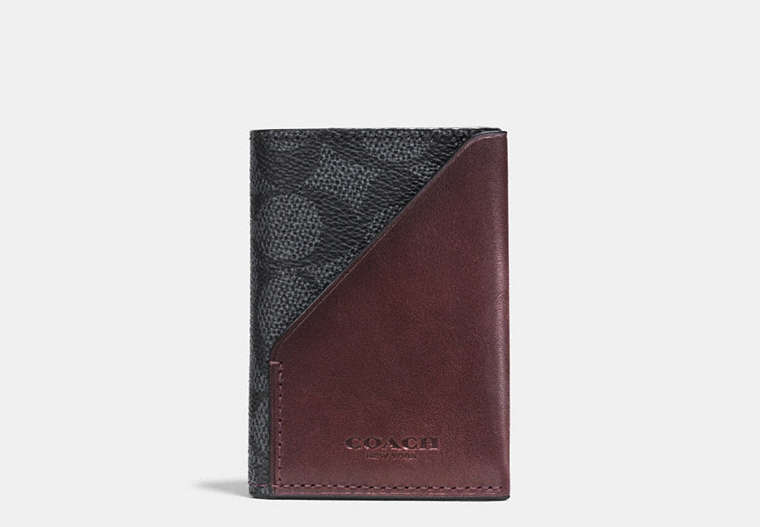 COACH®,SLIM CARD WALLET IN SIGNATURE COATED CANVAS,Leather,CHARCOAL/OXBLOOD,Front View