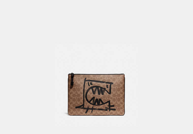 COACH®,POUCH 30 IN SIGNATURE CANVAS WITH REXY BY GUANG YU,Coated Canvas,KHAKI,Front View image number 0