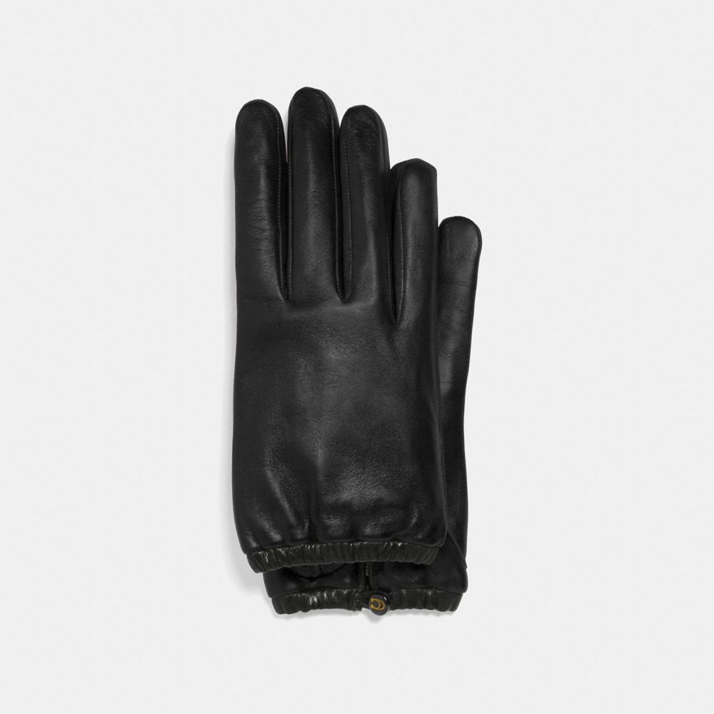 COACH®,SCULPTED SIGNATURE GATHERED LEATHER TECH GLOVES,Leather,Black,Front View